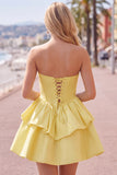 Yellow A Line Corset Strapless Tiered Short Homecoming Dress with Ruffle Hem