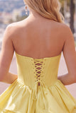 Yellow A Line Corset Strapless Tiered Short Homecoming Dress with Ruffle Hem
