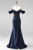 Navy Off the Shoulder Corset Satin Appliques Beaded Long Prom Dress with Slit