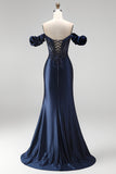 Navy Off the Shoulder Corset Satin Appliques Beaded Long Prom Dress with Slit