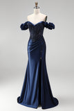 Navy Off the Shoulder Corset Satin Appliques Beaded Long Prom Dress with Slit
