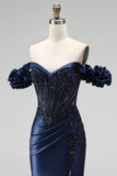 Navy Off the Shoulder Corset Satin Appliques Beaded Long Prom Dress with Slit