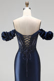 Navy Off the Shoulder Corset Satin Appliques Beaded Long Prom Dress with Slit