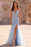 Light Blue Sequins Corset Mermaid Sheer Tulle Beaded Strapless Long Prom Dress with Slit