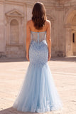 Light Blue Sequins Corset Mermaid Sheer Tulle Beaded Strapless Long Prom Dress with Slit