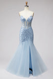 Light Blue Sequins Corset Mermaid Sheer Tulle Beaded Strapless Long Prom Dress with Slit