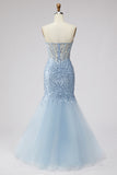 Light Blue Sequins Corset Mermaid Sheer Tulle Beaded Strapless Long Prom Dress with Slit