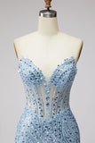 Light Blue Sequins Corset Mermaid Sheer Tulle Beaded Strapless Long Prom Dress with Slit