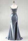 Dusty Blue Corset Mermaid Rhinestones Satin Ruched Long Prom Dress with Side Slit