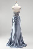 Dusty Blue Corset Mermaid Rhinestones Satin Ruched Long Prom Dress with Side Slit