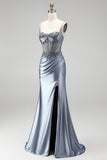 Dusty Blue Corset Mermaid Rhinestones Satin Ruched Long Prom Dress with Side Slit