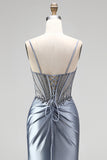 Dusty Blue Corset Mermaid Rhinestones Satin Ruched Long Prom Dress with Side Slit