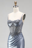Dusty Blue Corset Mermaid Rhinestones Satin Ruched Long Prom Dress with Side Slit