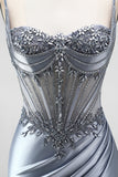 Dusty Blue Corset Mermaid Rhinestones Satin Ruched Long Prom Dress with Side Slit