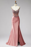 Mermaid Corset Satin Ruched Strapless Pink Prom Dress with Slit