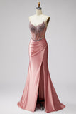 Mermaid Corset Satin Ruched Strapless Pink Prom Dress with Slit