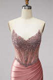Mermaid Corset Satin Ruched Strapless Pink Prom Dress with Slit