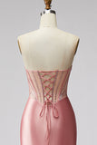 Mermaid Corset Satin Ruched Strapless Pink Prom Dress with Slit