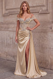 Champagne A-Line Corset Rhinestone Satin Ruched Long Prom Dress with Slit