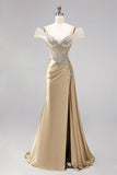 Champagne A-Line Corset Rhinestone Satin Ruched Long Prom Dress with Slit