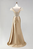 Champagne A-Line Corset Rhinestone Satin Ruched Long Prom Dress with Slit