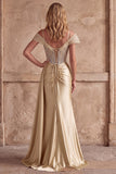 Champagne A-Line Corset Rhinestone Satin Ruched Long Prom Dress with Slit