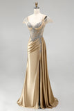 Champagne Mermaid Corset Rhinestone Satin Ruched Long Prom Dress with Slit