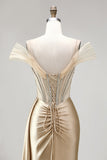 Champagne A-Line Corset Rhinestone Satin Ruched Long Prom Dress with Slit