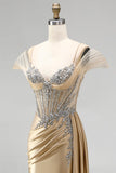 Champagne Mermaid Corset Rhinestone Satin Ruched Long Prom Dress with Slit