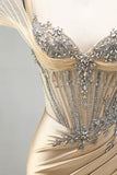 Champagne Mermaid Corset Rhinestone Satin Ruched Long Prom Dress with Slit