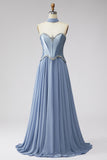 Dusty Blue Basque Waist Chiffon Corset Rhinestone Long Prom Dress with Scarf