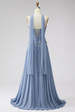 Dusty Blue Basque Waist Chiffon Corset Rhinestone Long Prom Dress with Scarf