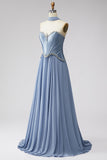 Dusty Blue Basque Waist Chiffon Corset Rhinestone Long Prom Dress with Scarf