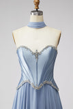Dusty Blue Basque Waist Chiffon Corset Rhinestone Long Prom Dress with Scarf