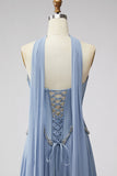 Dusty Blue Basque Waist Chiffon Corset Rhinestone Long Prom Dress with Scarf