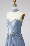 Dusty Blue Basque Waist Chiffon Corset Rhinestone Long Prom Dress with Scarf