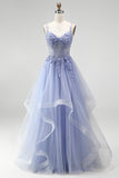 Dusty Blue A-Line Sheer Corset Sequins Long Prom Dress with Floral Embroidery