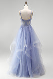 Dusty Blue A-Line Sheer Corset Sequins Long Prom Dress with Floral Embroidery
