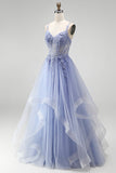 Dusty Blue A-Line Sheer Corset Sequins Long Prom Dress with Floral Embroidery