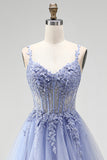 Dusty Blue A-Line Sheer Corset Sequins Long Prom Dress with Floral Embroidery