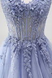 Dusty Blue A-Line Sheer Corset Sequins Long Prom Dress with Floral Embroidery