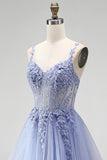 Dusty Blue A-Line Sheer Corset Sequins Long Prom Dress with Floral Embroidery