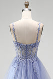 Dusty Blue A-Line Sheer Corset Sequins Long Prom Dress with Floral Embroidery
