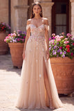 Glitter Off the Shoulder Champagne Sequins Corset A-Line Tulle Long Prom Dress with Appliques