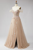 Glitter Off the Shoulder Champagne Sequins Corset A-Line Tulle Long Prom Dress with Appliques
