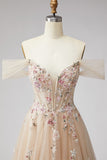 Glitter Off the Shoulder Champagne Sequins Corset A-Line Tulle Long Prom Dress with Appliques