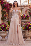 Glitter Off the Shoulder Champagne Sequins Corset A-Line Tulle Long Prom Dress with Appliques