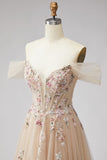 Glitter Off the Shoulder Champagne Sequins Corset A-Line Tulle Long Prom Dress with Appliques