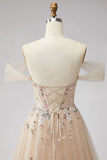 Glitter Off the Shoulder Champagne Sequins Corset A-Line Tulle Long Prom Dress with Appliques