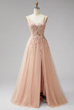 Champagne V-Neck 3D Floral Appliques Tulle Sequins A-Line Maxi Formal Dress with Slit